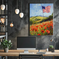 peaceful field of poppies with one large American flag Poster