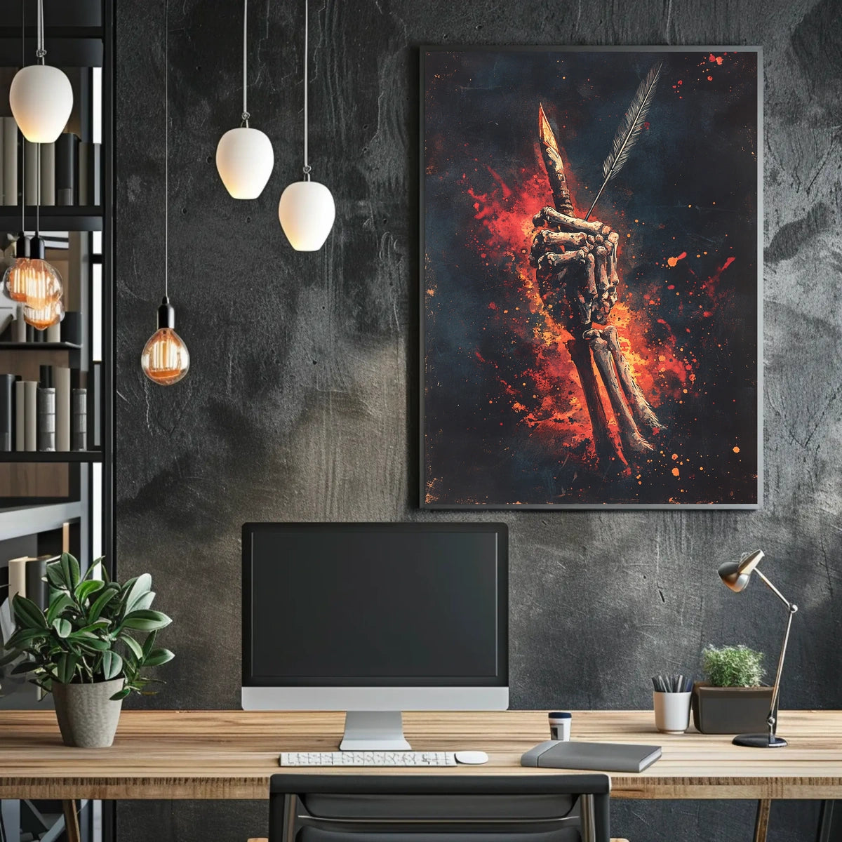 Skeletal Quill Flames Artistic Poster