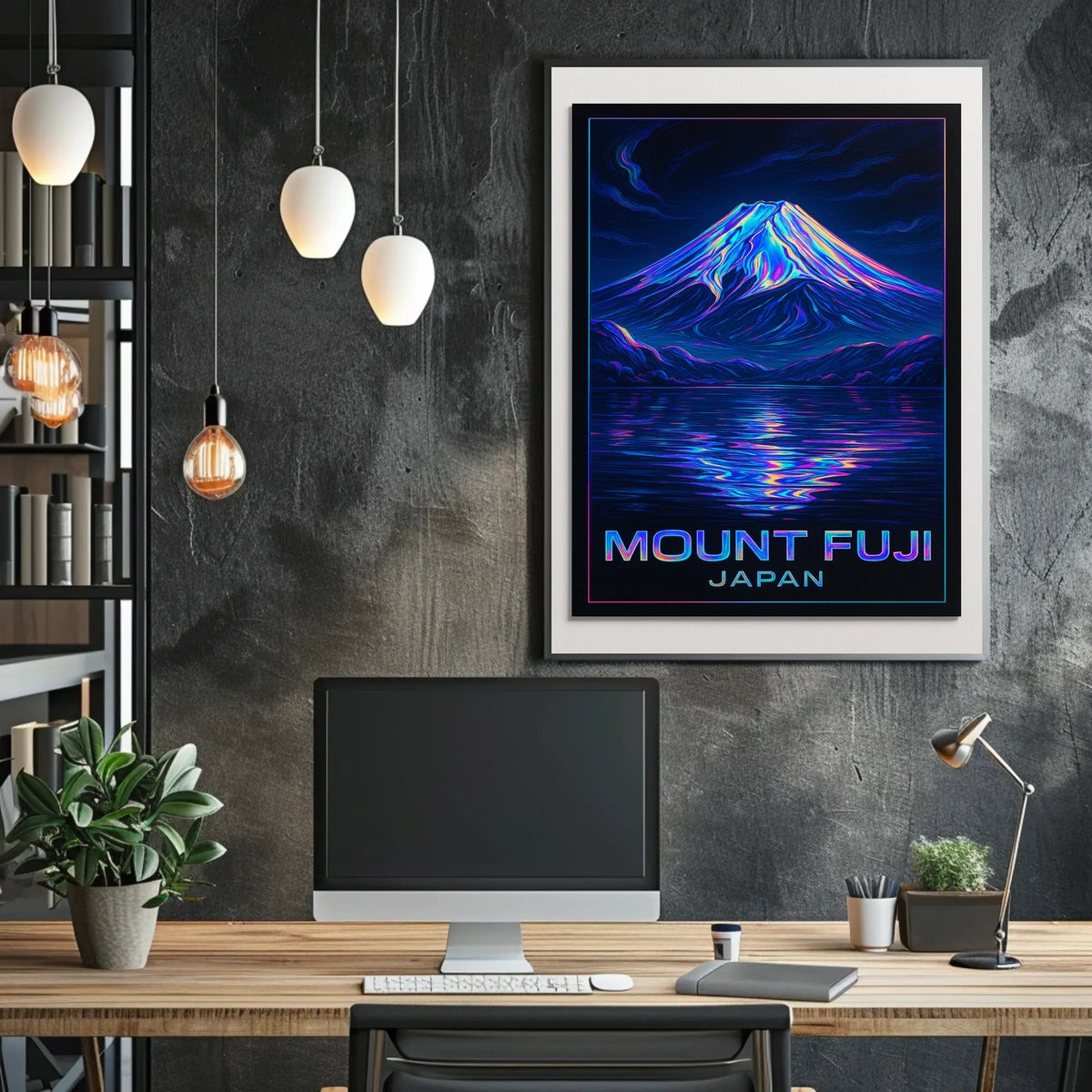Mount Fuji Neon Reflections Iridescent Futuristic SciFi Vaporwave Dreamscape Poster