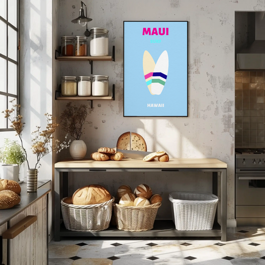 Maui Hawaii Surfboard Graphic Retro Travel Poster