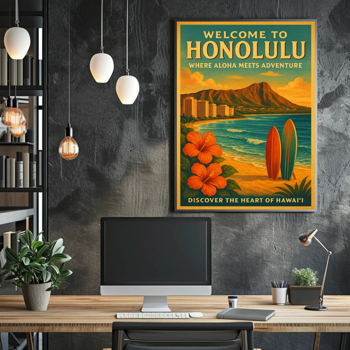 Honolulu Adventure Vintage Travel Poster Beach & Surfboards