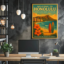 Honolulu Adventure Vintage Travel Poster Beach & Surfboards