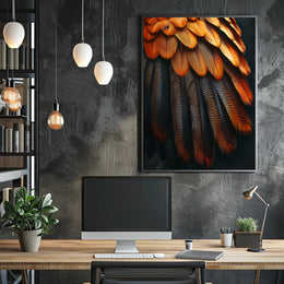 Vibrant Bird Feather Art: Orange and Black Elegance PosterGoat