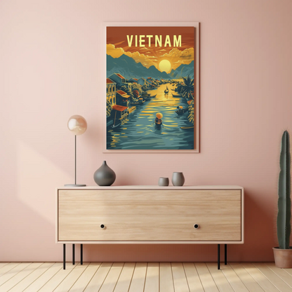 Vietnam River Sunset Floating Village Travel Poster