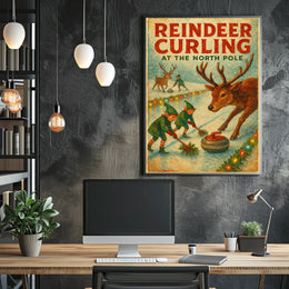 Reindeer Curling at the North Pole Poster