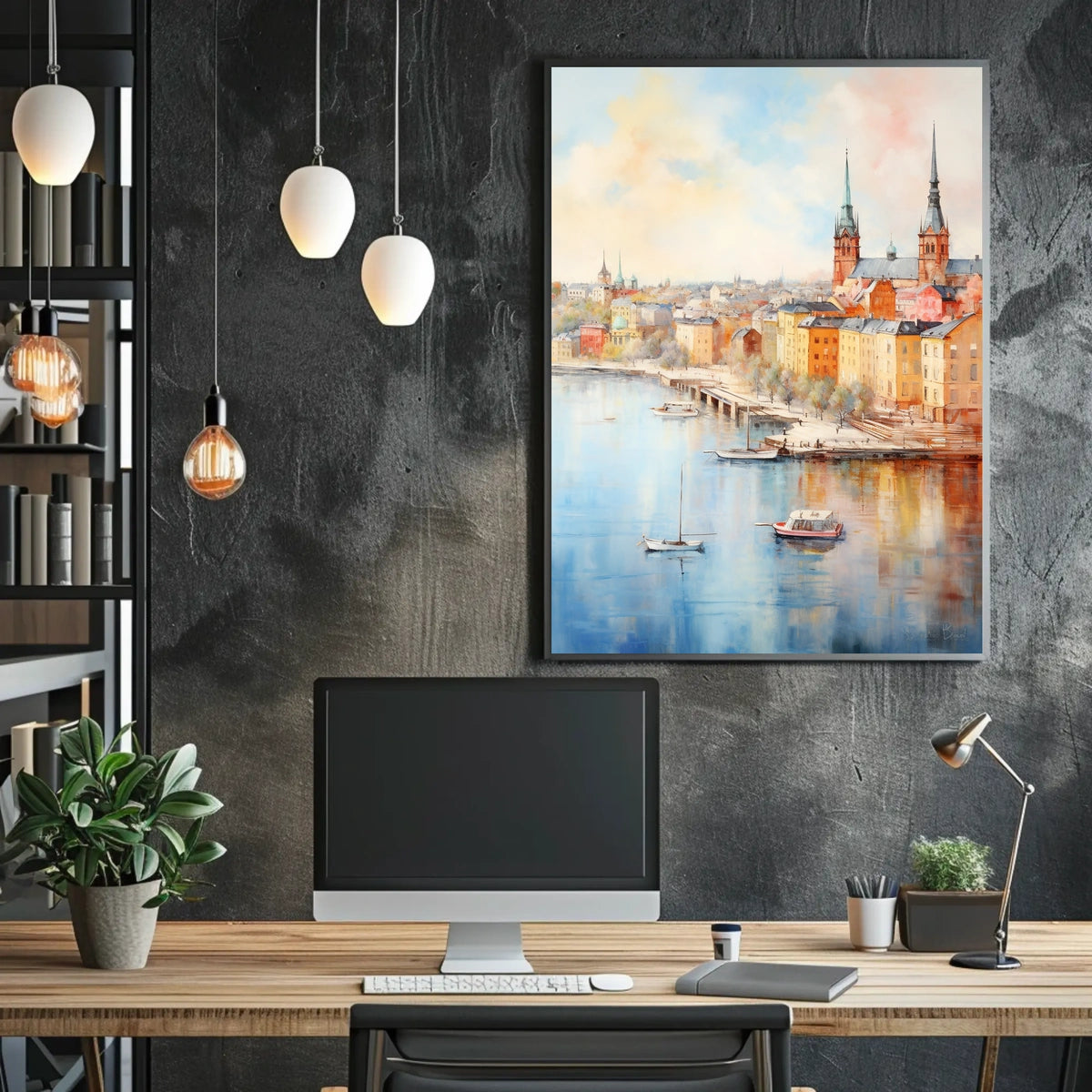 Picturesque European Cityscape on Waterfront Travel Poster
