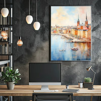 Picturesque European Cityscape on Waterfront Travel Poster