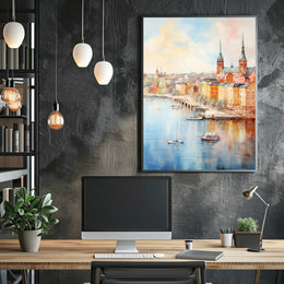 Picturesque European Cityscape on Waterfront Travel Poster