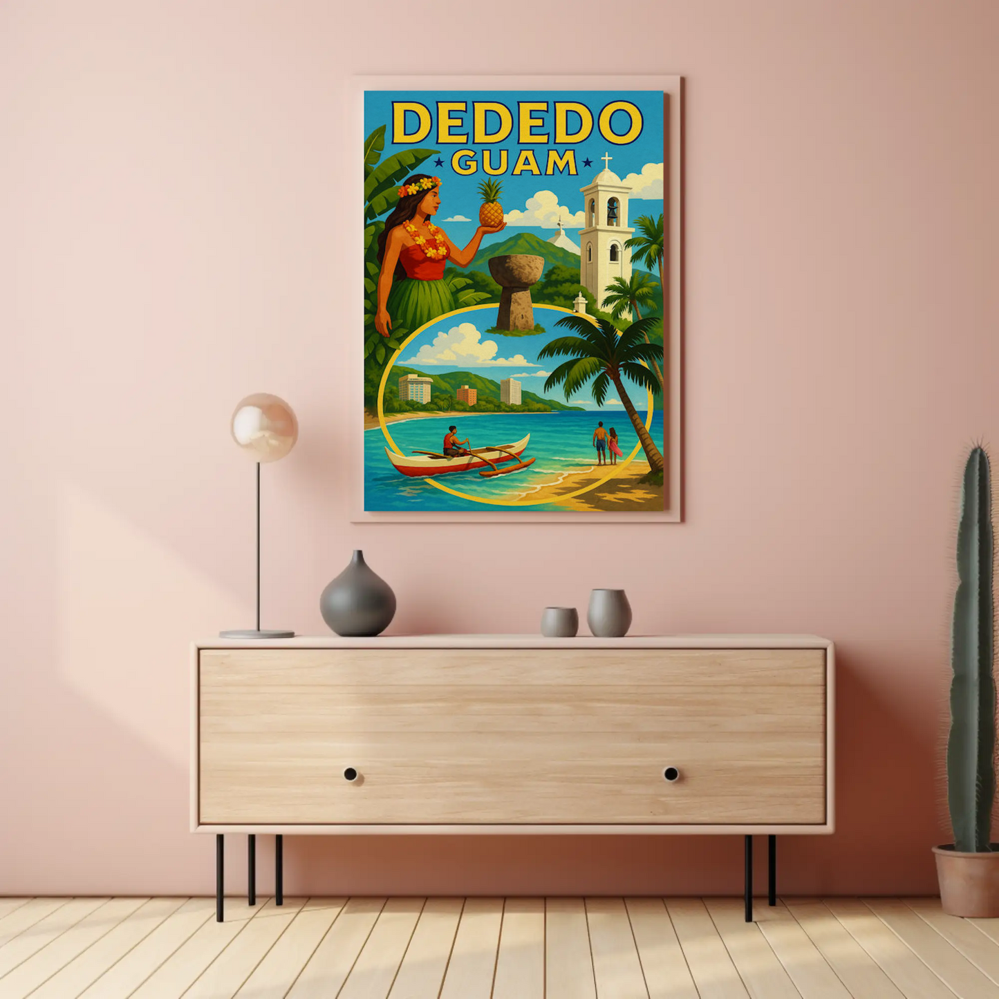 Dededo Guam Island Culture Mountains Canoe Travel Poster