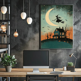 Witch and Moon Halloween Vintage Spooky Whimsical Poster