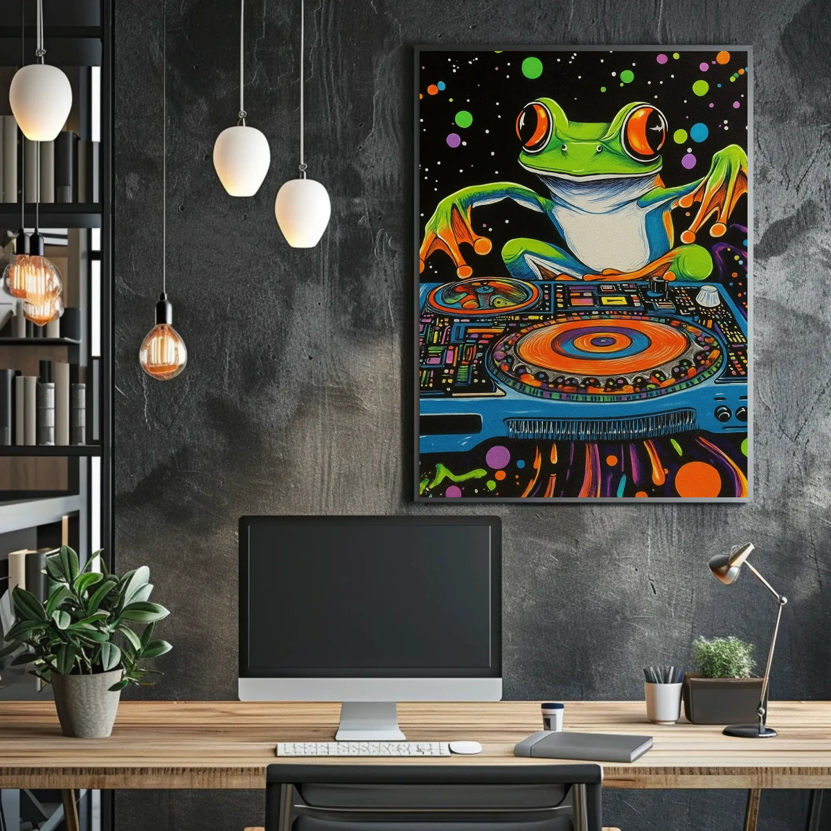 The poster is a vibrant and psychedelic illustration featuring a large, cartoonish frog Travel Poster