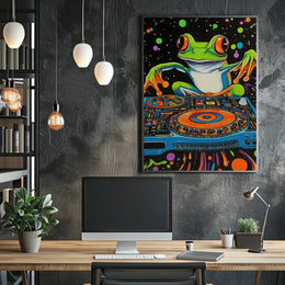 The poster is a vibrant and psychedelic illustration featuring a large, cartoonish frog Travel Poster
