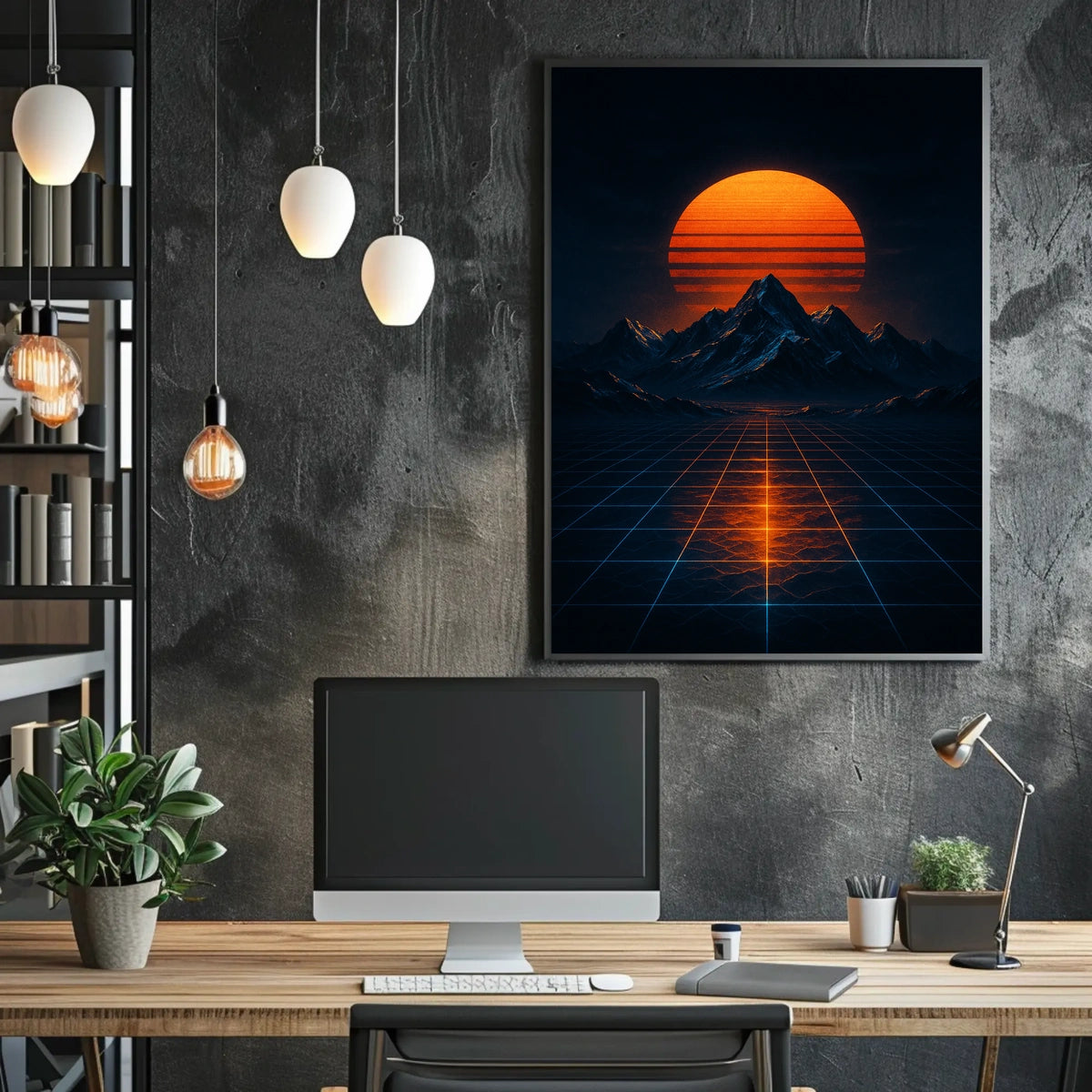 Retrofuturistic Landscape Art with Glowing Sun Futuristic Sci-Fi Poster