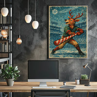 Whimsical Vintage Reindeer Baseball Holiday Poster Art