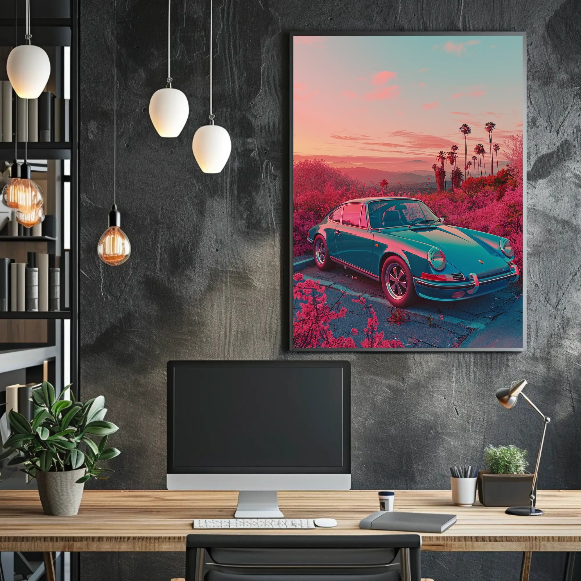 Vintage Car In Dreamy Landscape Poster Art Print PosterGoat