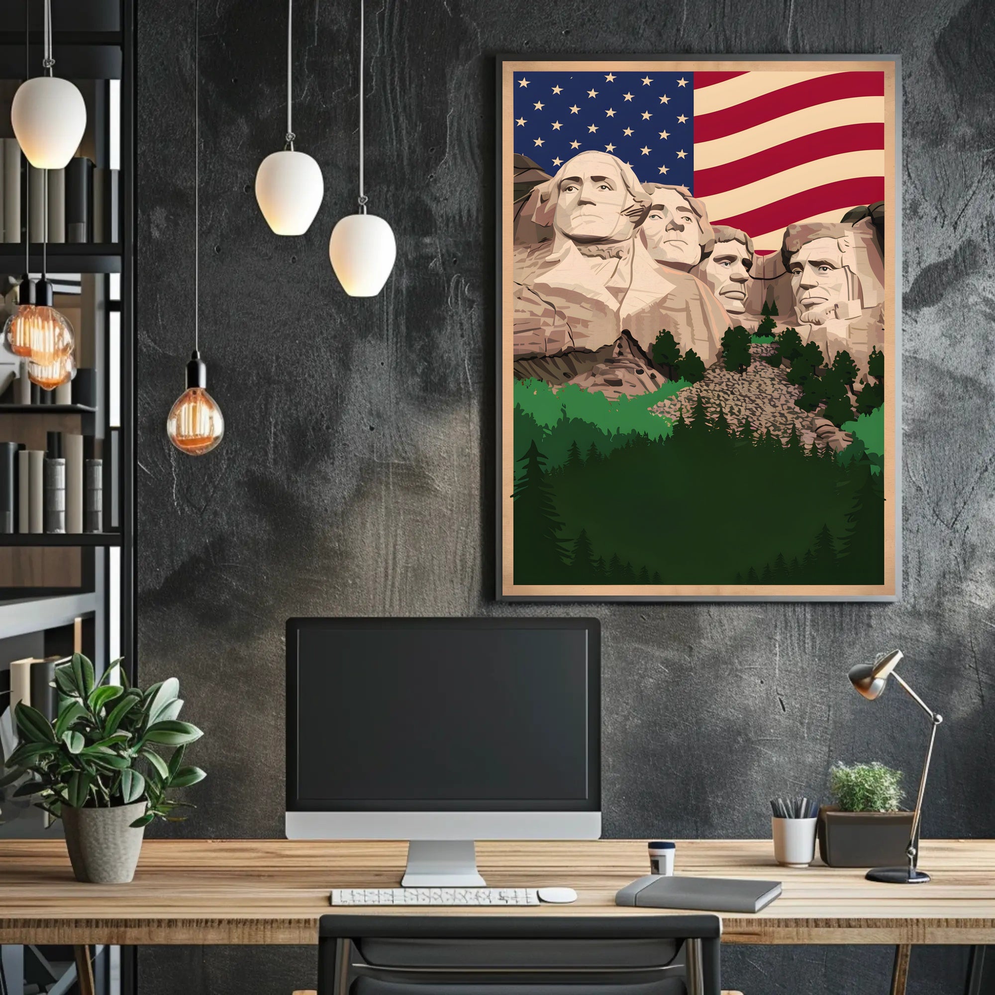 Mount Rushmore and the American Flag Poster