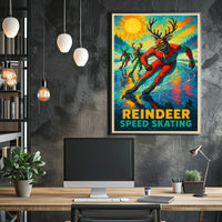 Reindeer Speed Skating Vintage Winter Sports Poster