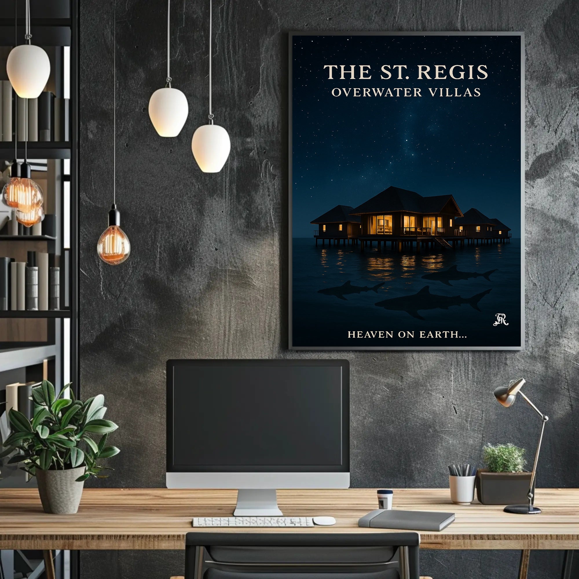 Serene Overwater Villas Nighttime Scene Travel Poster PosterGoat