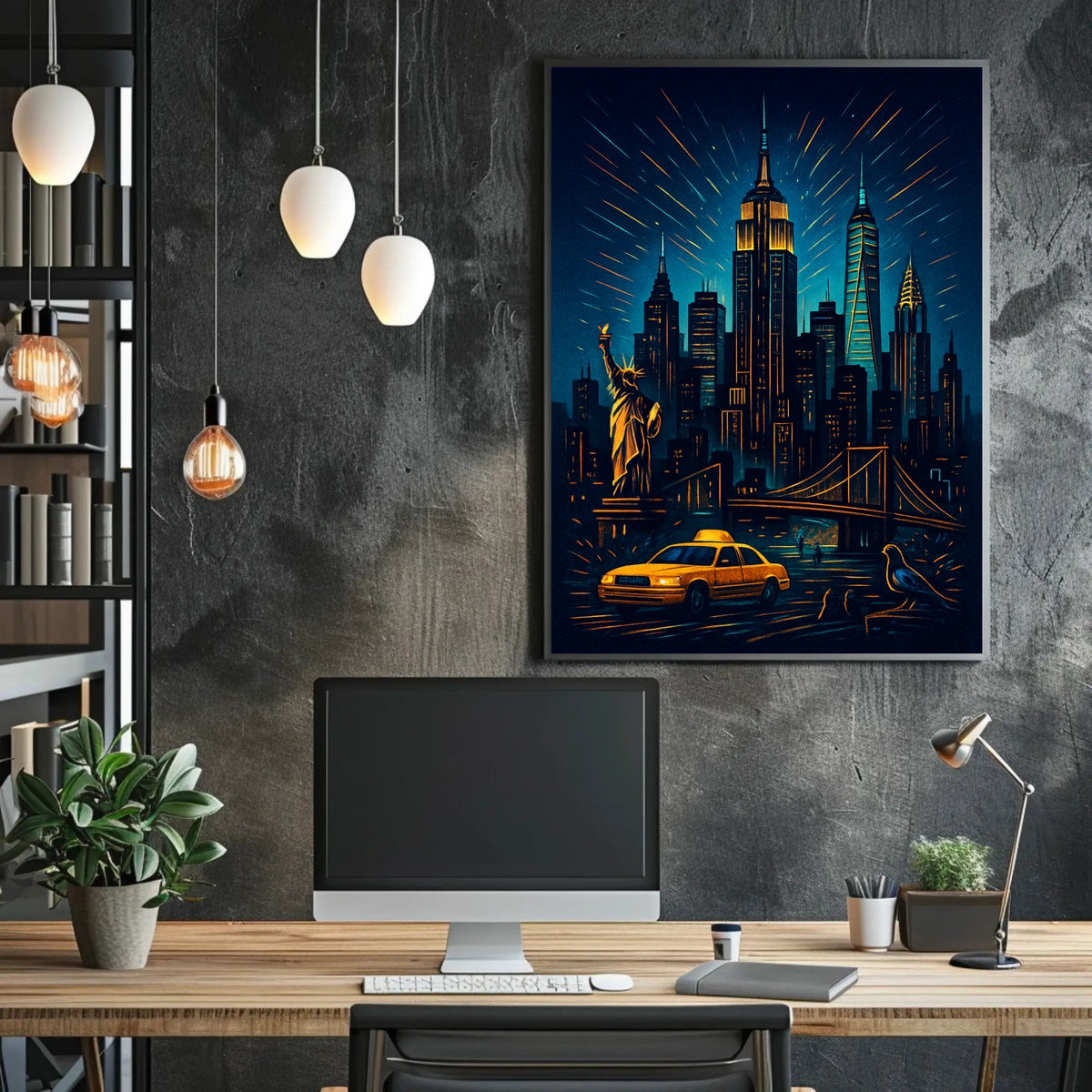 New York City Night Skyline Panorama Poster Modern Wall Art
