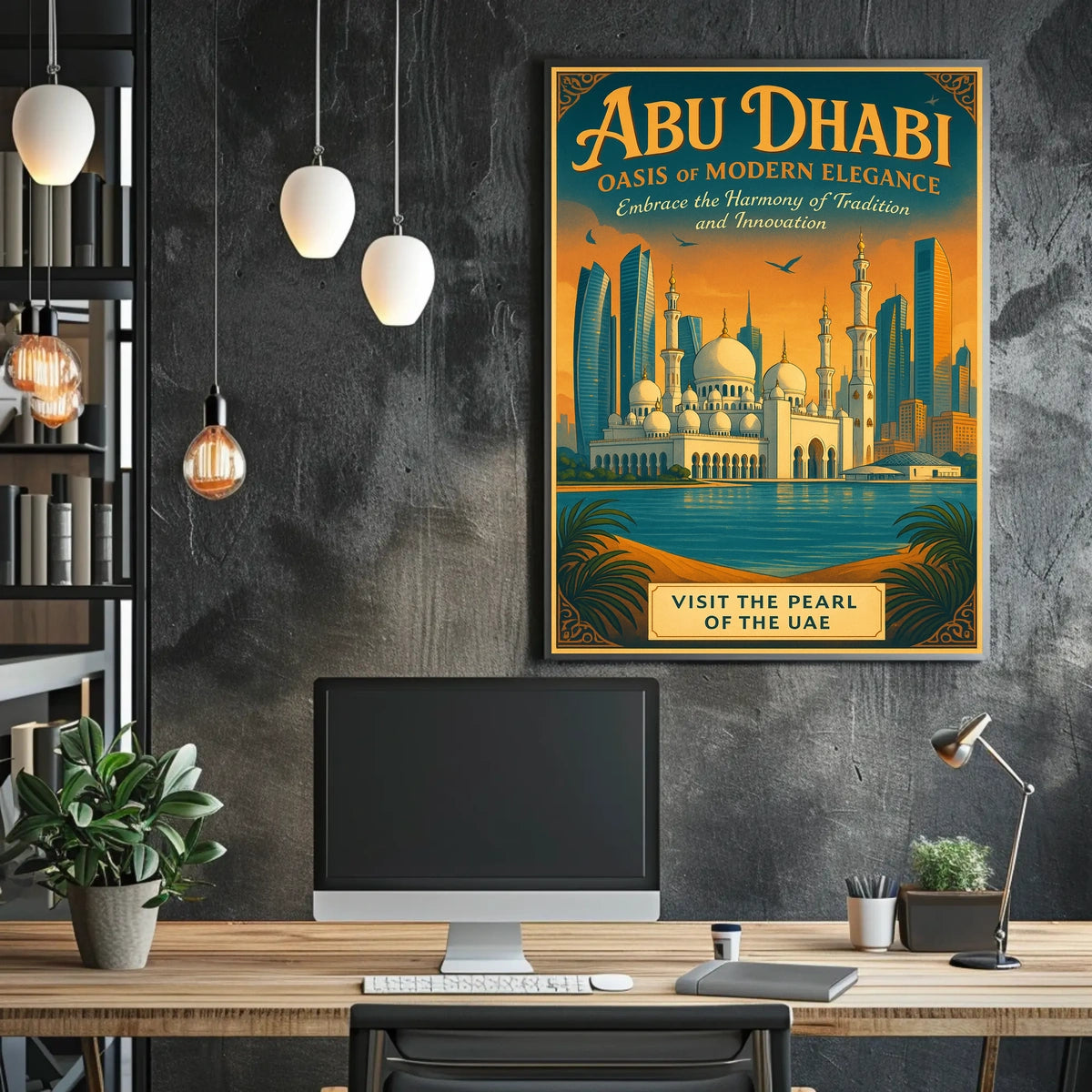 Abu Dhabi Skyline Vintage Art Travel Poster