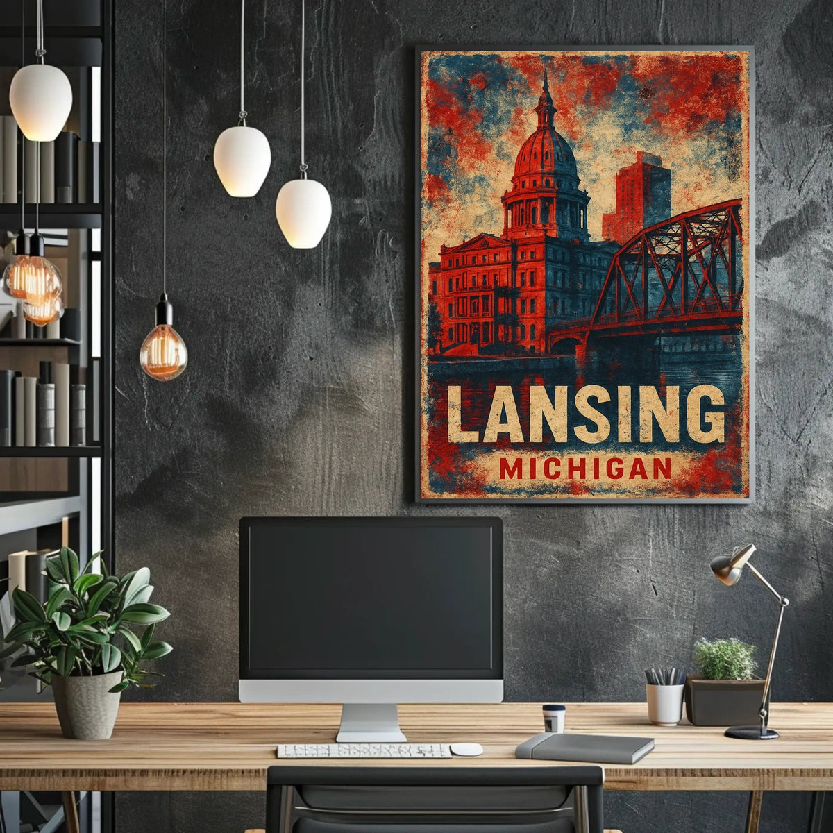 Lansing Cityscape Retro Typography Collectors Poster