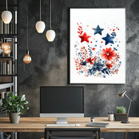 Three Stars Surrounded By Loose Red And Blue Florals Poster