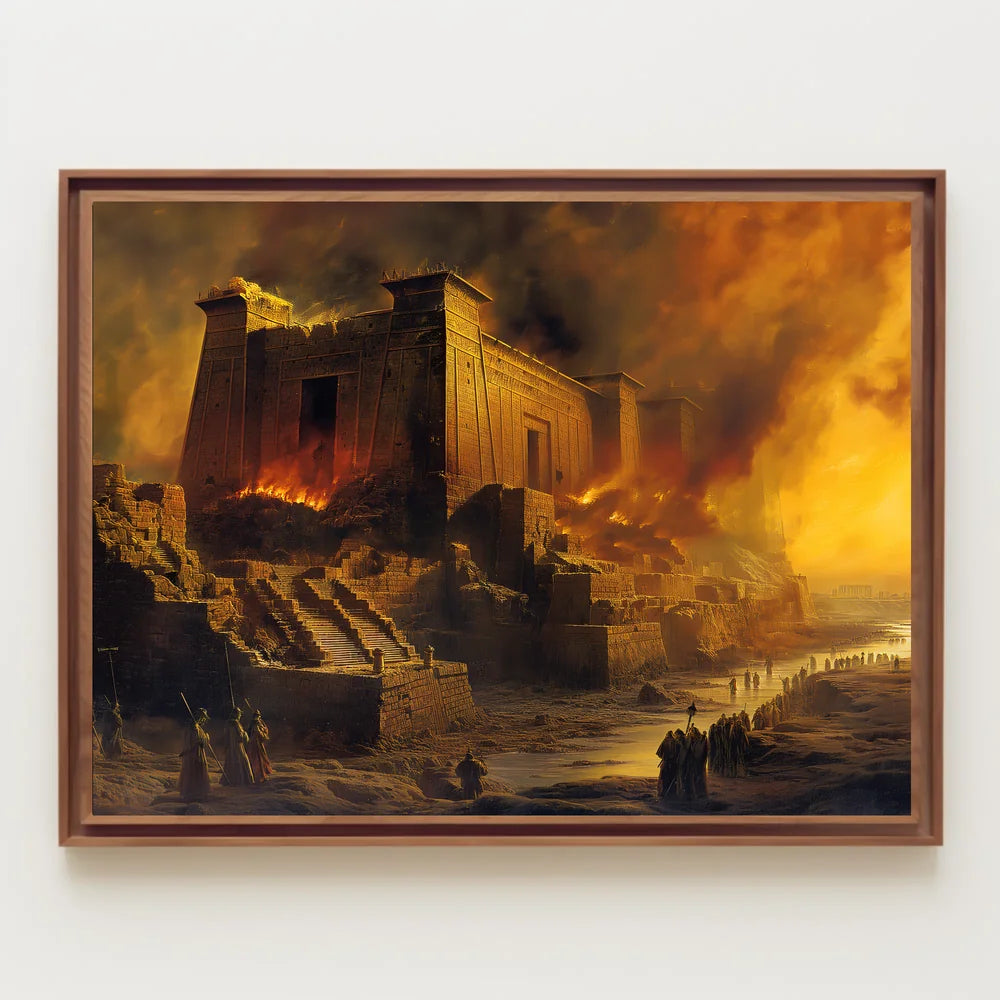 Ancient Temple Ablaze: Mythical Destruction Art Poster