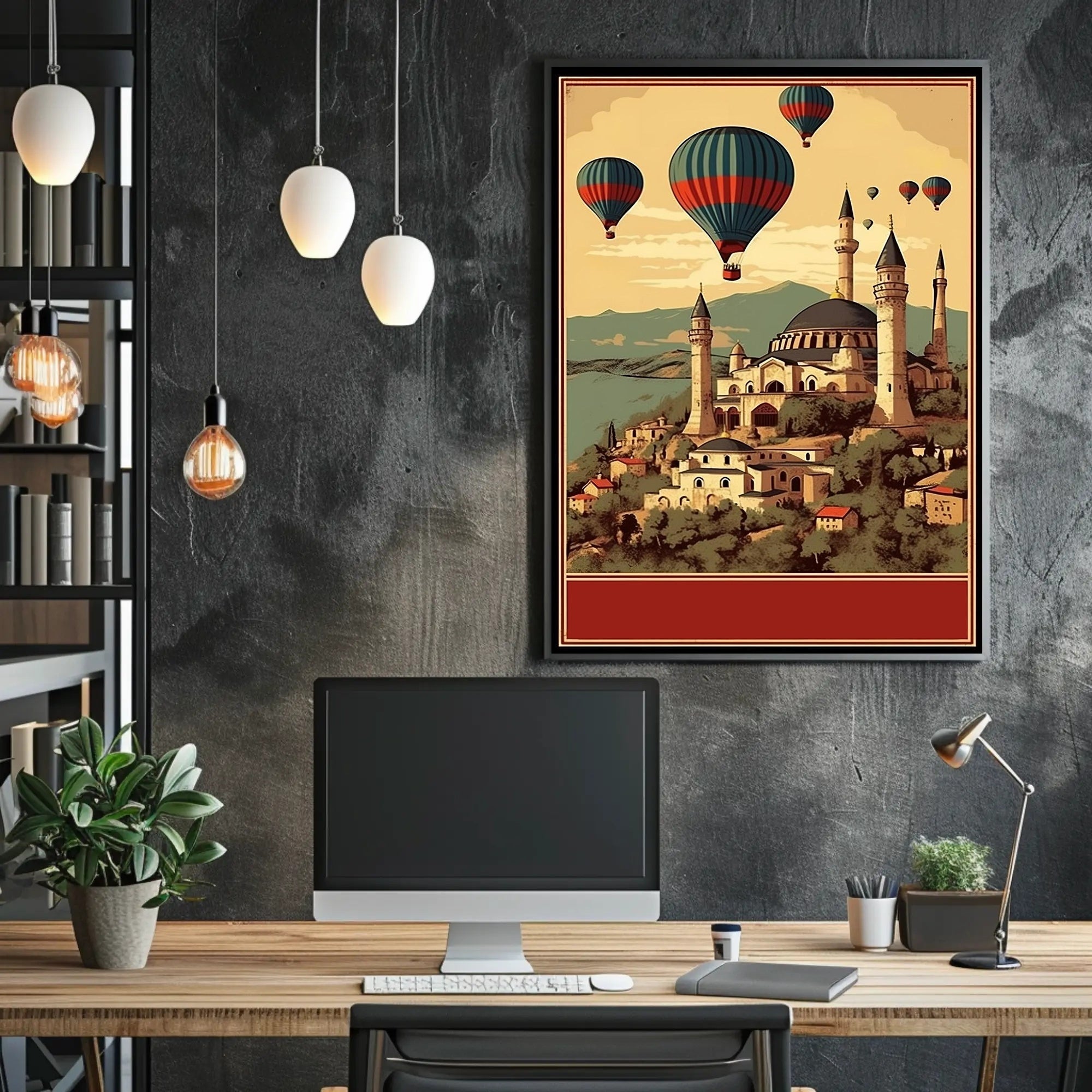 Hot Air Balloons Over Ancient Architecture Poster