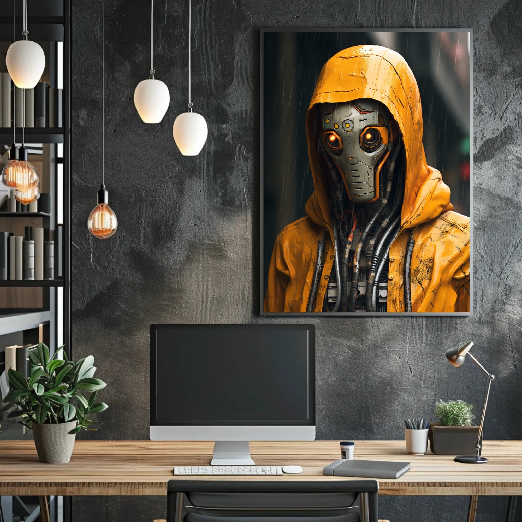 Cybernetic Sentinel In The Rain Poster PosterGoat