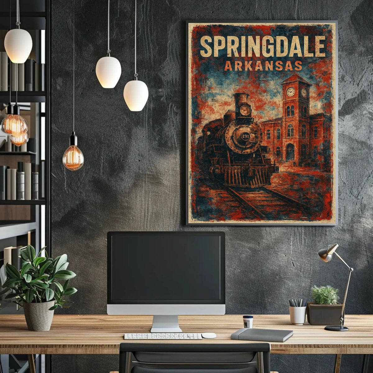 Vintage Locomotive Nostalgic Railroad Art Steampunk Retro Inspired Clock Tower Illustration Rail Enthusiasts Poster