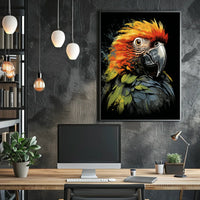 The poster features a striking, stylized illustration of a parrot. The bird is Travel Poster