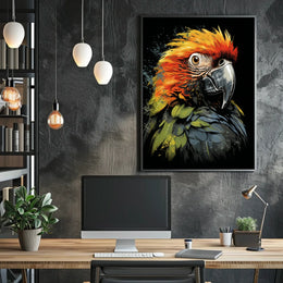 The poster features a striking, stylized illustration of a parrot. The bird is Travel Poster