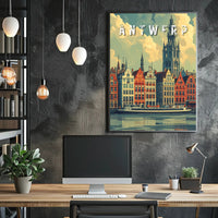 Antwerp cityscape illustration with vintage flair: Urban or Cityscape Poster