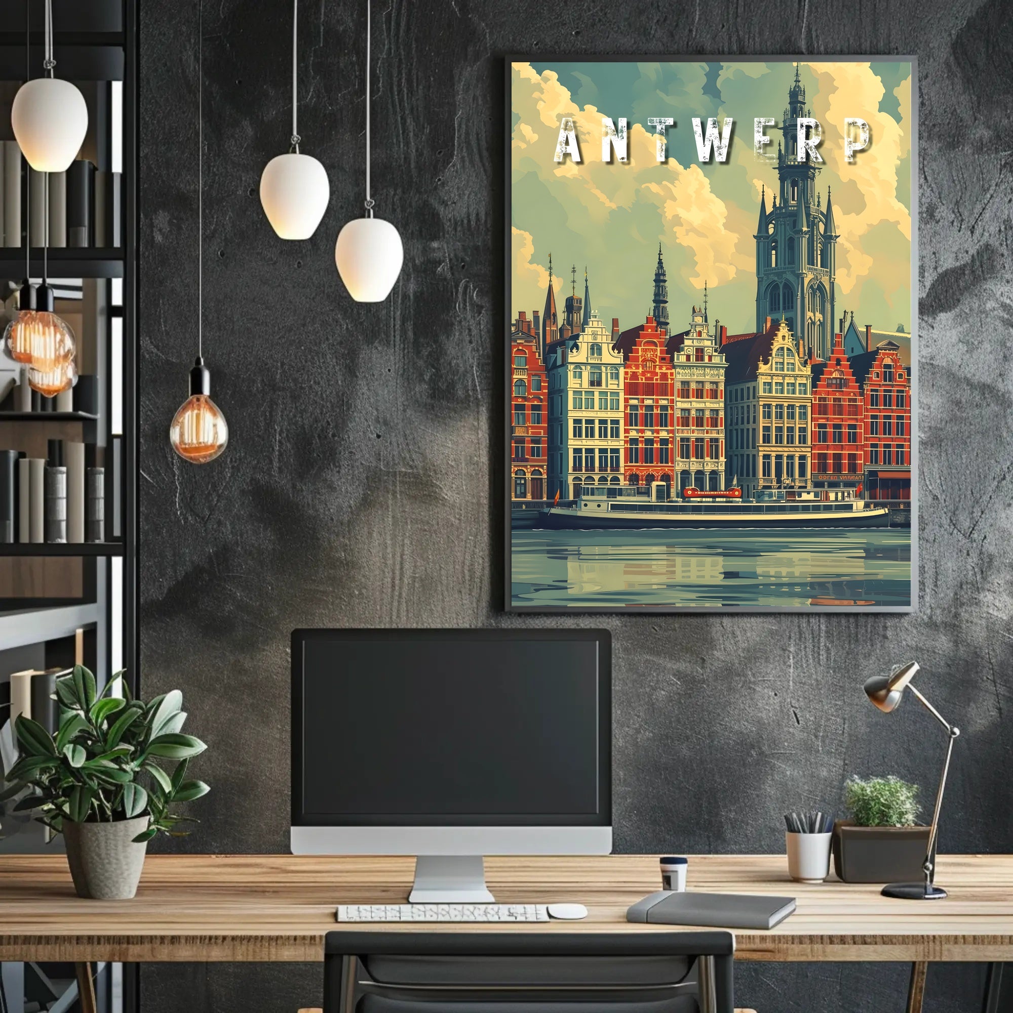 Antwerp cityscape illustration with vintage flair: Urban or Cityscape Poster