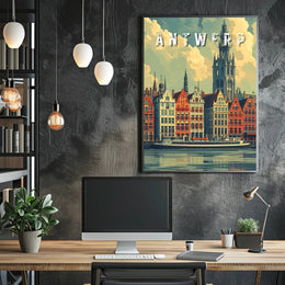 Antwerp cityscape illustration with vintage flair: Urban or Cityscape Poster
