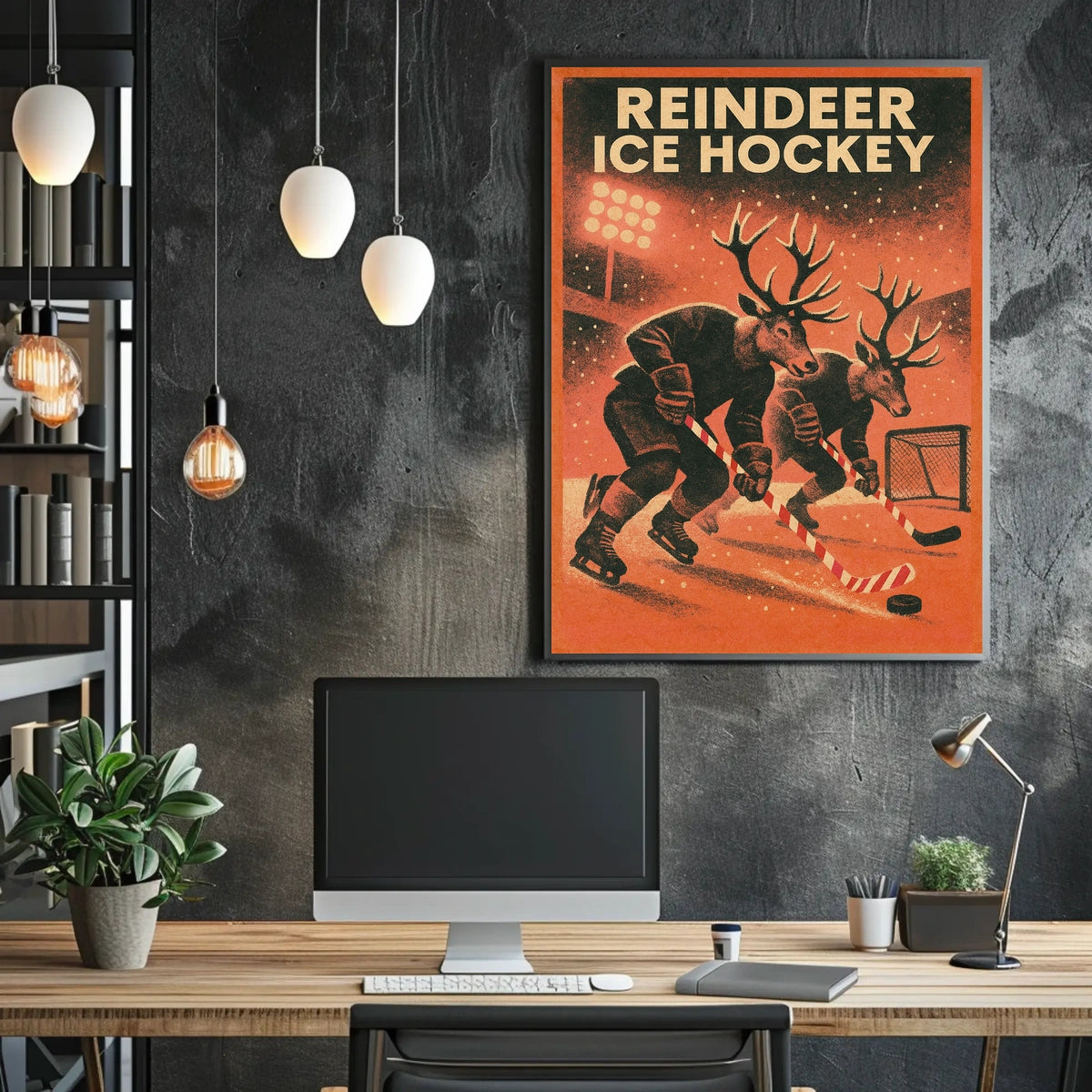 Reindeer Ice Hockey Vintage Sports Poster