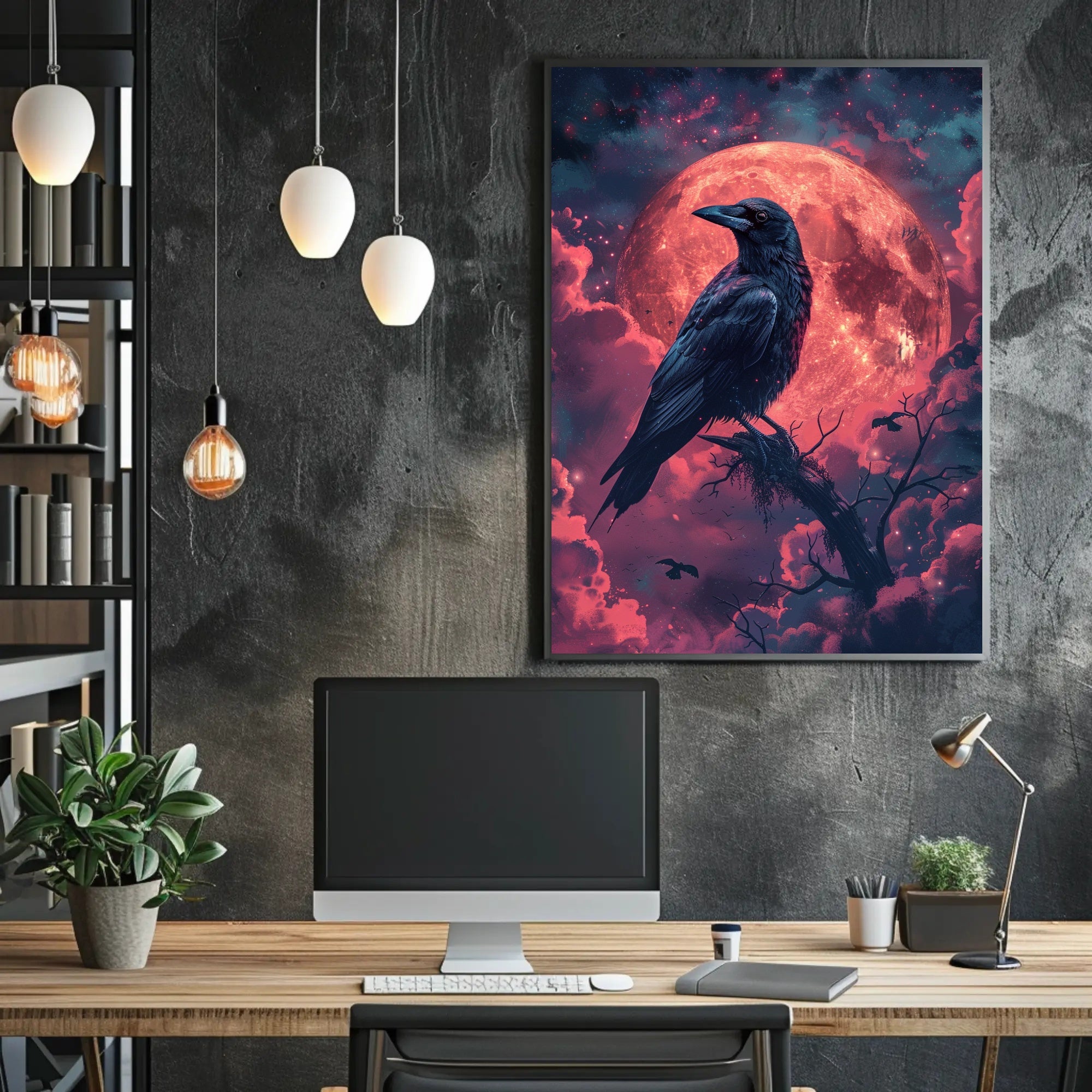 Mystical Raven Under Blood Moon Art Print Poster PosterGoat