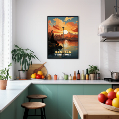 Seattle Washington Space Needle Sunset Vintage Travel Poster