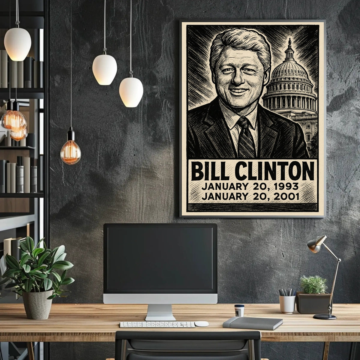 Bill Clinton 42nd President of the United States B & W Comic Sketch Poster