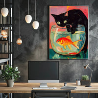 Curious Cat And Goldfish Poster Colorful Art Print