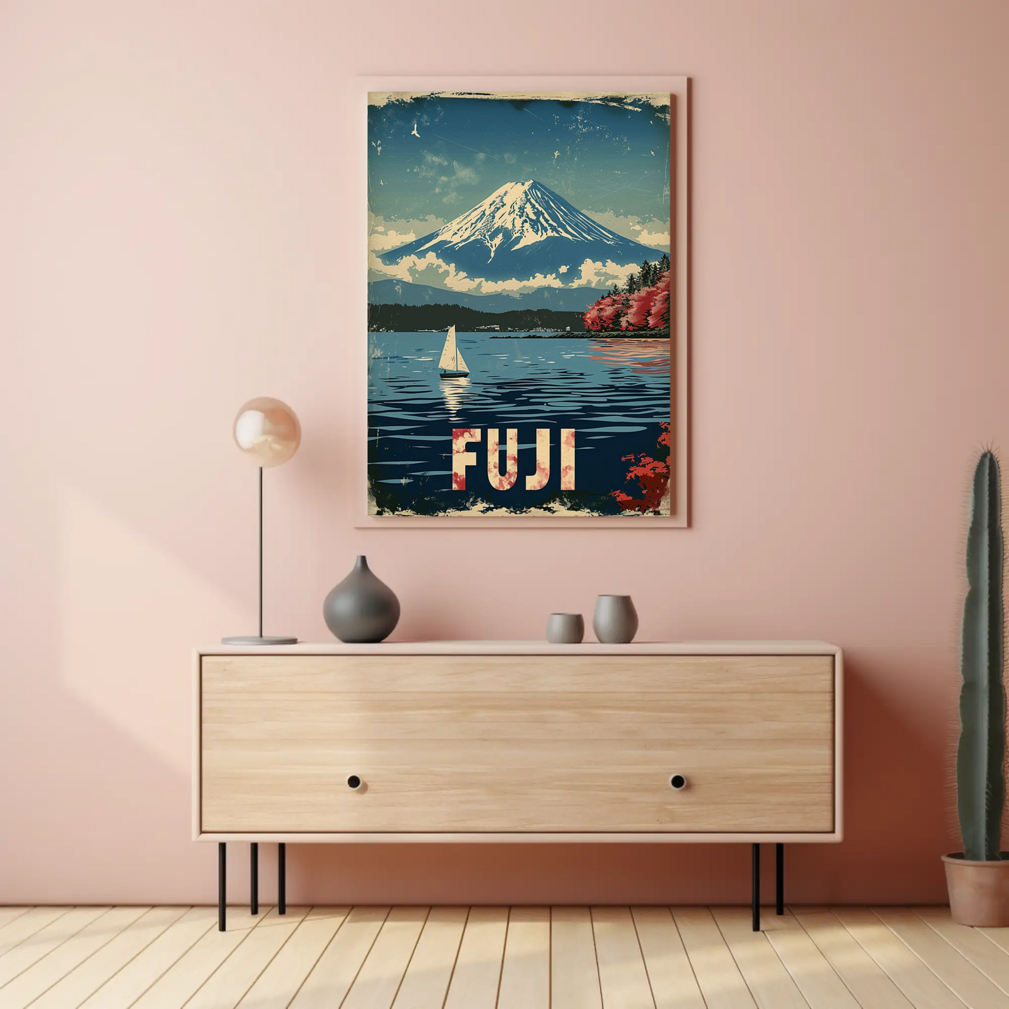 Fuji Mountain Sailing Scene Vintage Travel Poster
