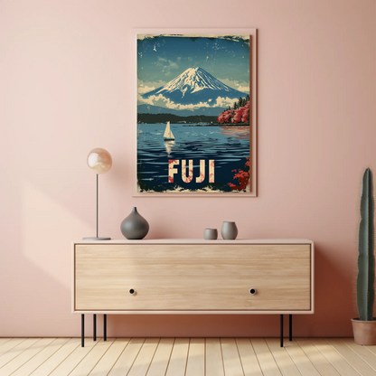 Fuji Mountain Sailing Scene Vintage Travel Poster
