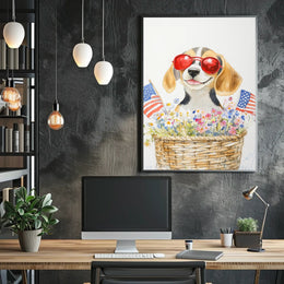 Beagle Puppy With Red Sunglasses In Flower Basket Poster