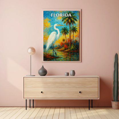 Florida Heron Tropical Lake Palms Poster