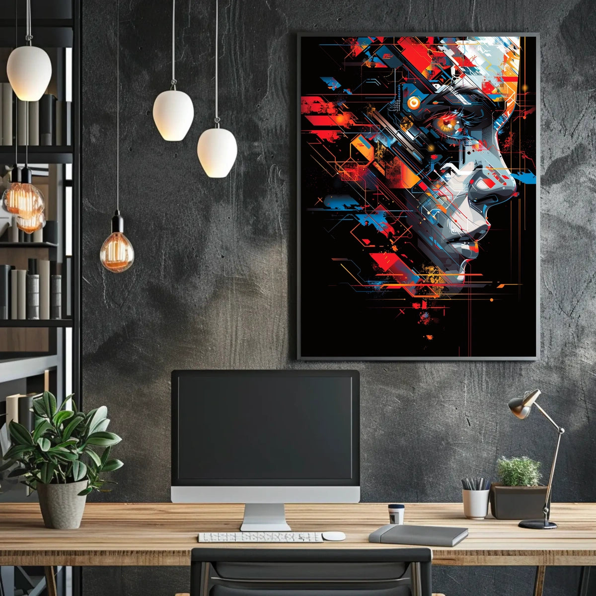 Futuristic Cyberpunk Face Art Poster: Tech Fusion