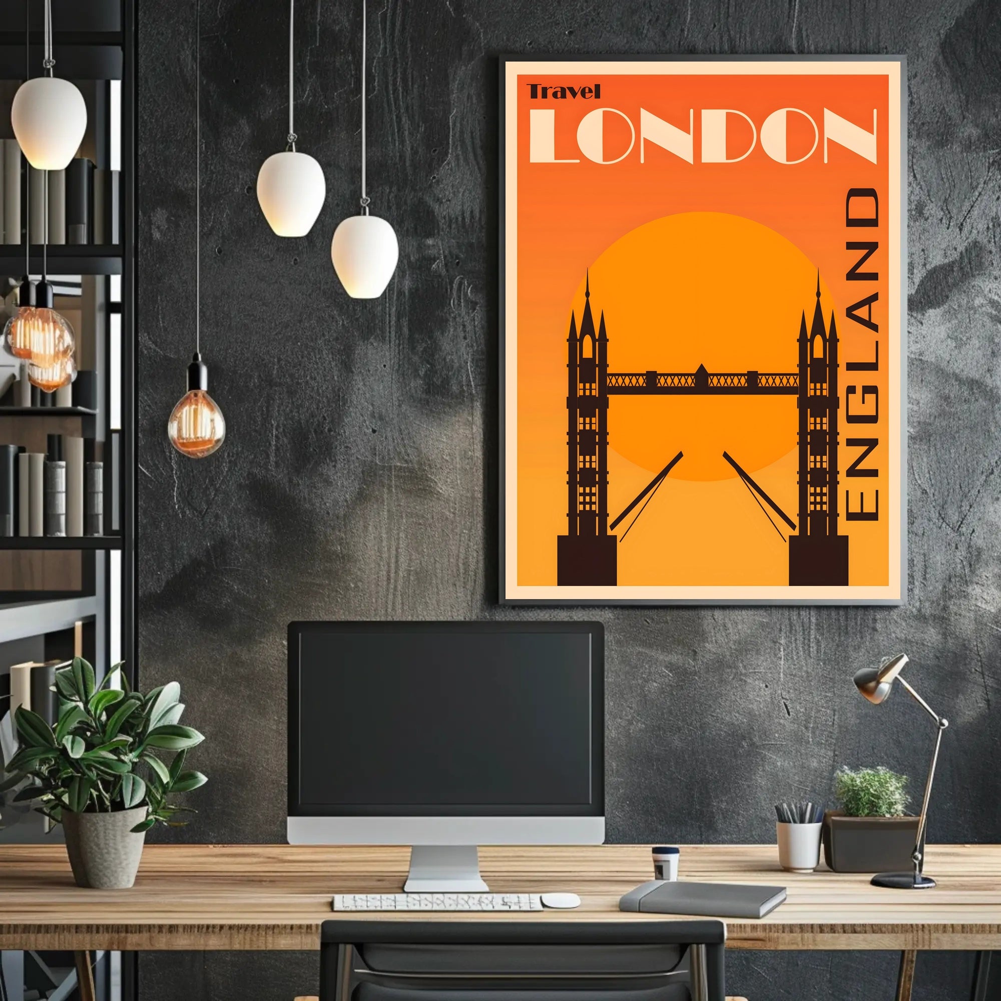 Stylized 1920s London Tower Bridge Art Deco Travel Poster