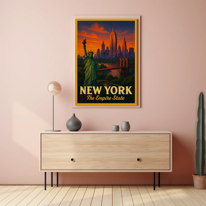 New York Empire State Liberty Brooklyn Bridge Sunset Travel Poster