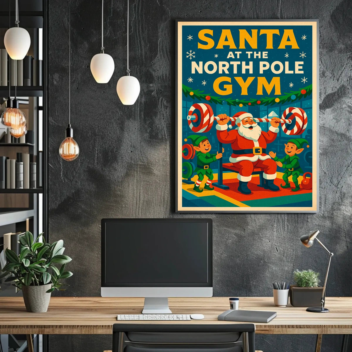 Santa Claus Lifting Weights Vintage Christmas Pop Culture Poster