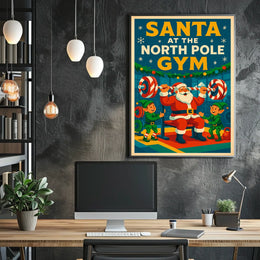 Santa Claus Lifting Weights Vintage Christmas Pop Culture Poster
