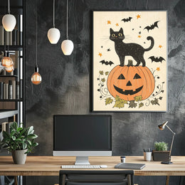 Halloween-Themed Black Cat Carved Pumpkin Bats Stars Poster